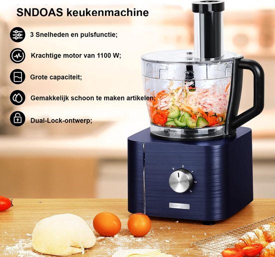 Keukenmachine - Alles in 1 keukenmachine - Multifunctionele keukenmachine - Blender - Vleesmolen - Garde - Kneder - Shredder - Sinaasappelpers - Hakselaar - Blender - 1100W - Blauw