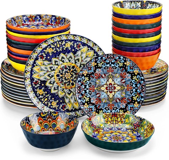 Serviesset 48 stuks - Serviesset met patronen - Servies set - Tafelgerei - Cadeau Tip - Kleurrijk