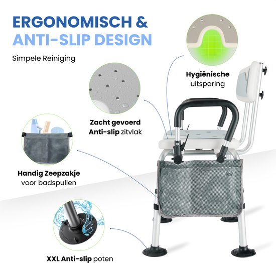 Seniove® Douchestoel Met Afneembare Armleuning - XXL Antislip - In Hoogte Verstelbaar - Incl. Zeepzakje & Kophouder