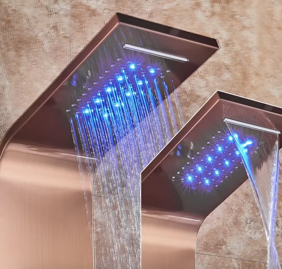 Douchekraan - Regendouche - Douchekop - 6 in 1 - Regendouche - Waterval douche - Kraan - Bidet - Massage jet - Handdouche - Waterstroom gevoed - Verlichting en LED display - Rose Gold