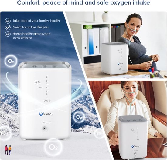 Varon - NT-04 - Zuurstofconcentrator - 2 in 1 - Oxygen Concentrator - Zuurstof Generator - Draagbaar - Zuurstofpomp - Pollen - Zuurstof - Luchtreiniger - 93%+/-3% - 1- 7L/min - Wit