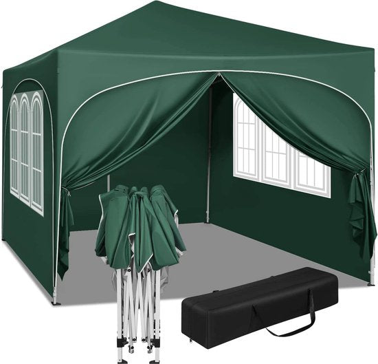 Partytent - Paviljoen - Opvouwbare Luifel - Tuin tent - Waterdicht - Uv Bescherming - met Draagtas - Pavillon - Prieel - Zijpanelen - 3x3m - Grijs