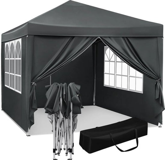 Partytent - Paviljoen - Opvouwbare Luifel - Tuin tent - Waterdicht - Uv Bescherming - met Draagtas - Pavillon - Prieel - Zijpanelen - 3x3m - Grijs