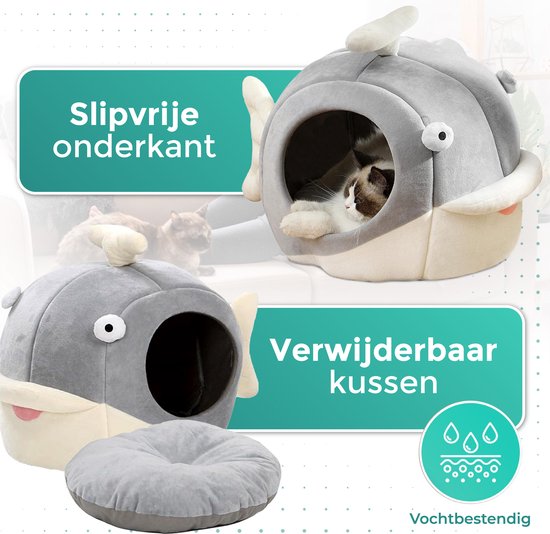 Pawsomepets Kattenmand Vis – Kattenhuis – Kattenbed – Poezenmand – Warmte & Comfort - Antislip - Grijs