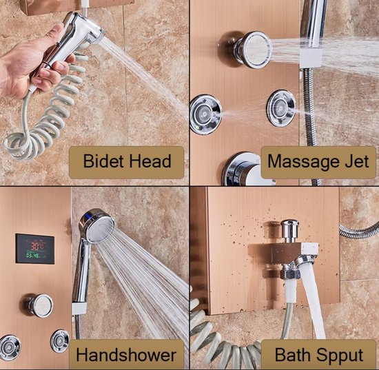 Douchekraan - Regendouche - Douchekop - 6 in 1 - Regendouche - Waterval douche - Kraan - Bidet - Massage jet - Handdouche - Waterstroom gevoed - Verlichting en LED display - Rose Gold