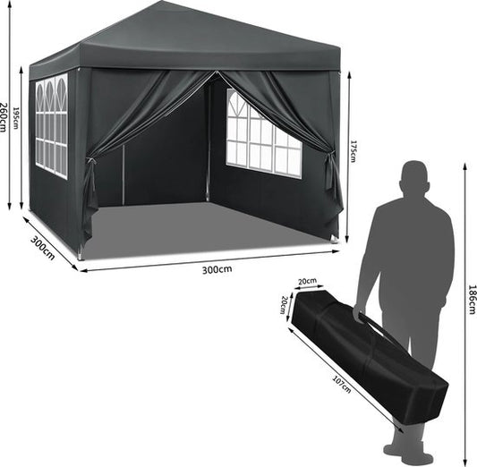 Partytent - Paviljoen - Opvouwbare Luifel - Tuin tent - Waterdicht - Uv Bescherming - met Draagtas - Pavillon - Prieel - Zijpanelen - 3x3m - Grijs