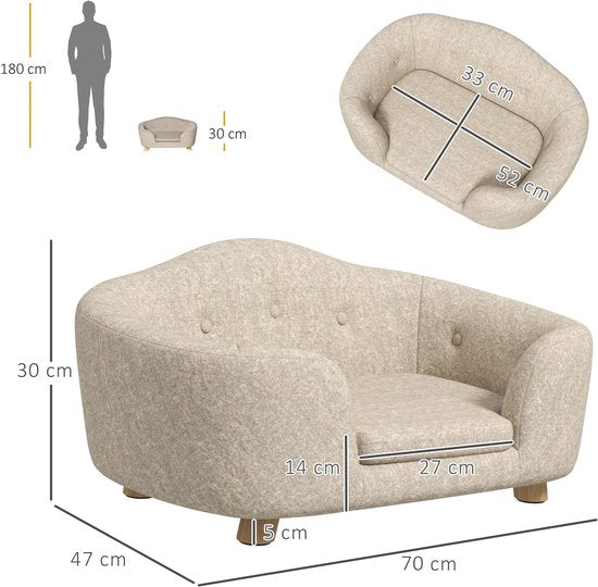 Hondenmand – Huisdier Sofa – Dierenbed – Hondenkussen – Kattenmand – Crème Kleur – Pluche Kussen – Stevig Dennenhouten Frame – 70x47x30 cm