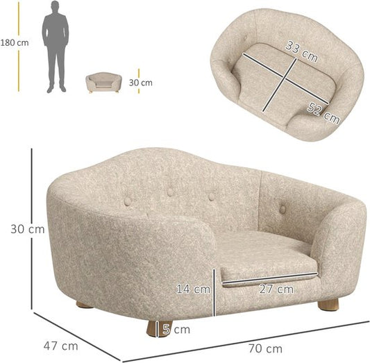 Hondenmand – Huisdier Sofa – Dierenbed – Hondenkussen – Kattenmand – Crème Kleur – Pluche Kussen – Stevig Dennenhouten Frame – 70x47x30 cm