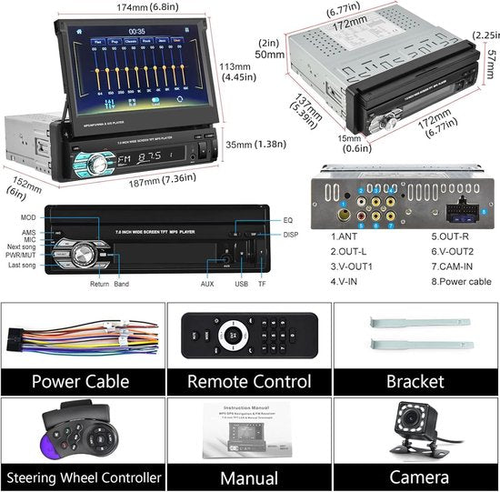 Autoradio 1 DIN – Autostereo – 1 Din Autoradio – Auto Radio – Multimediaspeler – 7 Inch HD-touchscreen – Carplay & Android Auto – Met Mirror Link & Achteruitrijcamera