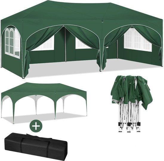 Partytenten - Partytent opvouwbaar - Partytent easy up met zijwanden - Waterdicht en Weersbestendig - 3x6 m - Donker groen