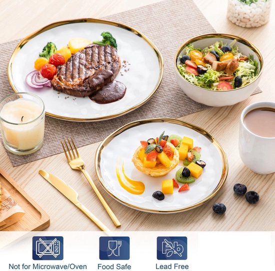 Luxueuze Serviesset - Servies 16 delig - Serviesgoed 16 stuks - Bordenset 4 persoons - Borden, Kopjes en Kommen - Wit met Gouden Versiering