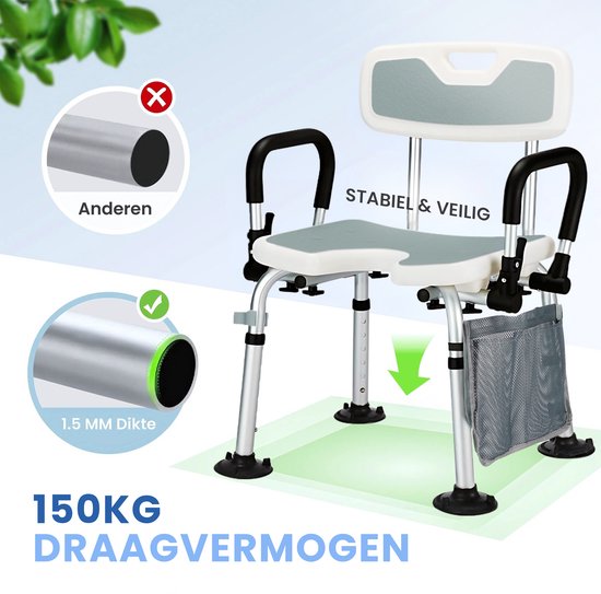 Seniove® Douchestoel Met Afneembare Armleuning - XXL Antislip - In Hoogte Verstelbaar - Incl. Zeepzakje & Kophouder