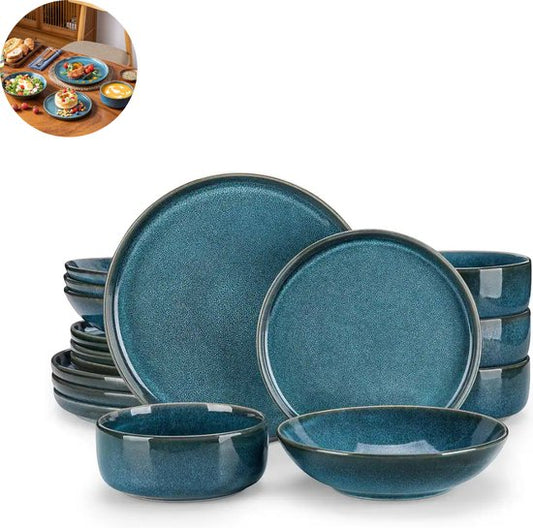 Luxe Serviesset- 16 delig – 4 persoons – Porselein - Bordenset – Dinner platen – Dessertborden - Soepplaat - Kom - Blauw