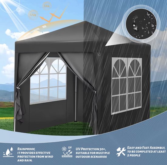 Partytent - Partytent opvouwbaar - Met zijwanden - Waterdicht - 2x2x2.5m - Grijs - Antraciet