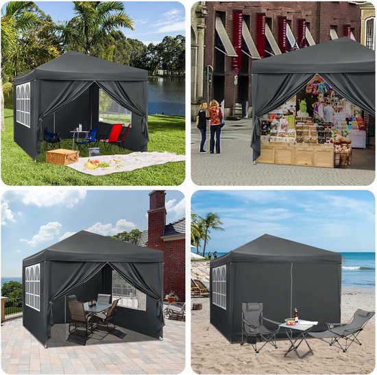 Partytent - Paviljoen - Opvouwbare Luifel - Tuin tent - Waterdicht - Uv Bescherming - met Draagtas - Pavillon - Prieel - Zijpanelen - 3x3m - Grijs