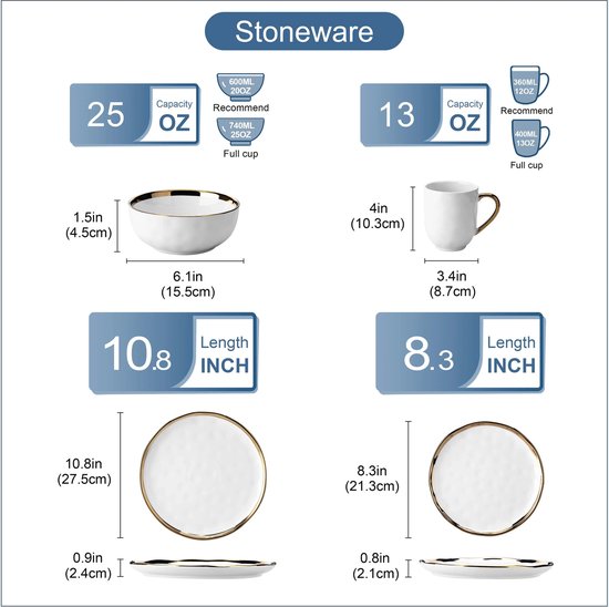 Luxueuze Serviesset - Servies 16 delig - Serviesgoed 16 stuks - Bordenset 4 persoons - Borden, Kopjes en Kommen - Wit met Gouden Versiering