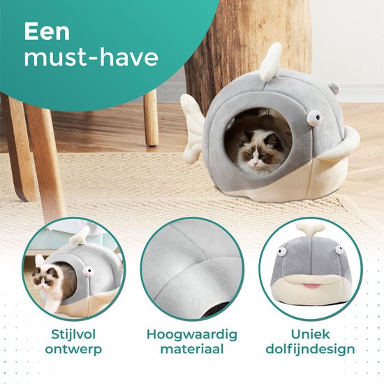 Pawsomepets Kattenmand Vis – Kattenhuis – Kattenbed – Poezenmand – Warmte & Comfort - Antislip - Grijs