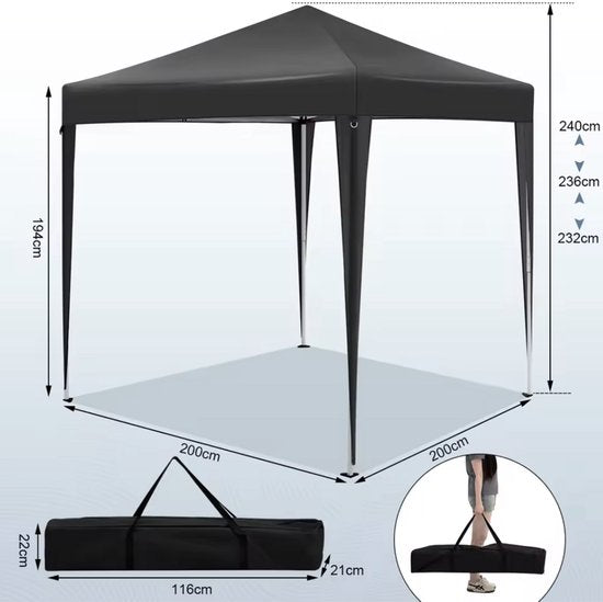 Partytent - Partytent opvouwbaar - Met zijwanden - Waterdicht - 2x2x2.5m - Grijs - Antraciet