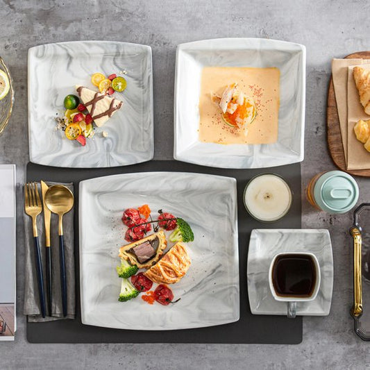 Luxe Serviesset – 30 delig – 6 persoons – Porselein - Bordenset – Dinner platen – Dessertborden - Kommen - Mokken - Schaaltjes - Grijs