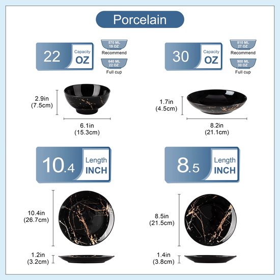 Luxe Serviesset – 24 delig – 6 persoons – Porselein - Bordenset – Dinner platen – Dessertborden - Kommen - Pastabord - Zwart - Luxe Servies
