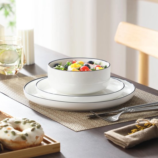 Luxe Serviesset - Serviesset – 4 persoons – 12 delig – Zwarte Rand Keramisch – Ontbijtborden – Elegant tafelservies - Vaatwasser en Magnetron Bestendig