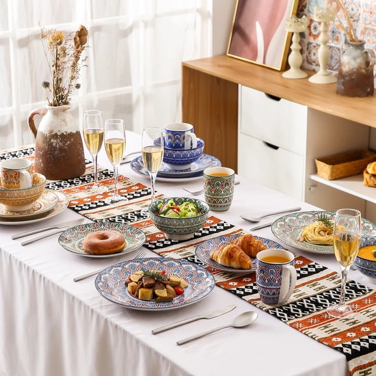 Serviesset 16 Delig - Bohemian Mandala Patroon - Turquoise, Blauw en geel - Porselein Servies Set - Met Diner bord, Dessert bord, kom en Mok -