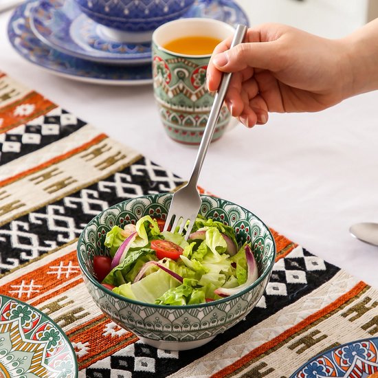 Serviesset 16 Delig - Bohemian Mandala Patroon - Turquoise, Blauw en geel - Porselein Servies Set - Met Diner bord, Dessert bord, kom en Mok -