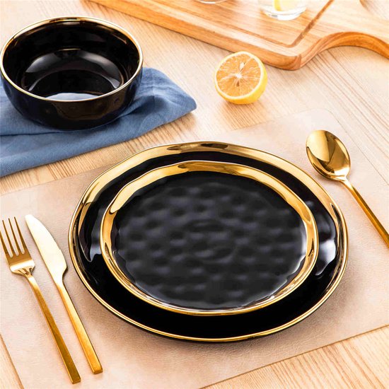 Serviesset - 4 Persoons Servies - Porselein - Dinerborden - Dessertborden - Ontbijtkommen - 12-delige Set - Zwart - Goud