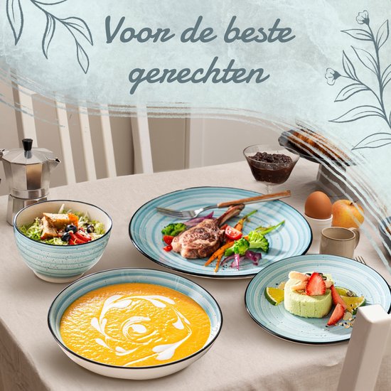Luxe Serviesset – 24 delig – 6 persoons – Porselein - Bordenset – Dinner platen – Dessertborden - Kommen - Mokken - Schaaltjes - Blauw
