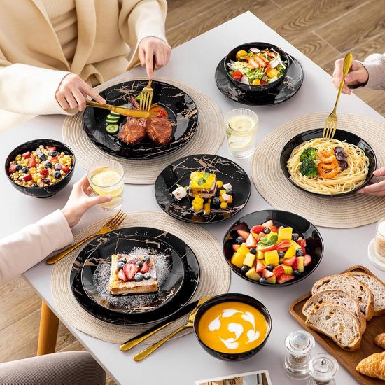 Luxe Serviesset – 24 delig – 6 persoons – Porselein - Bordenset – Dinner platen – Dessertborden - Kommen - Pastabord - Zwart - Luxe Servies