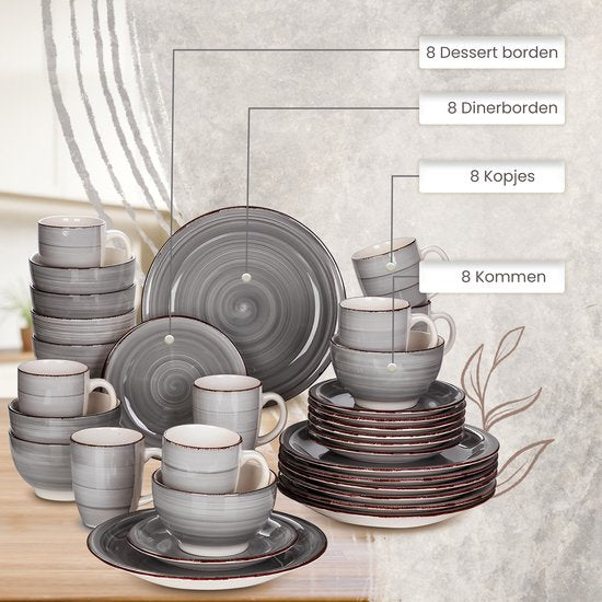 Luxe Serviesset – 32 delig – 8 persoons – Porselein - Bordenset – Dinner platen – Dessertborden - Kommen - Mokken - Schaaltjes - Grijs