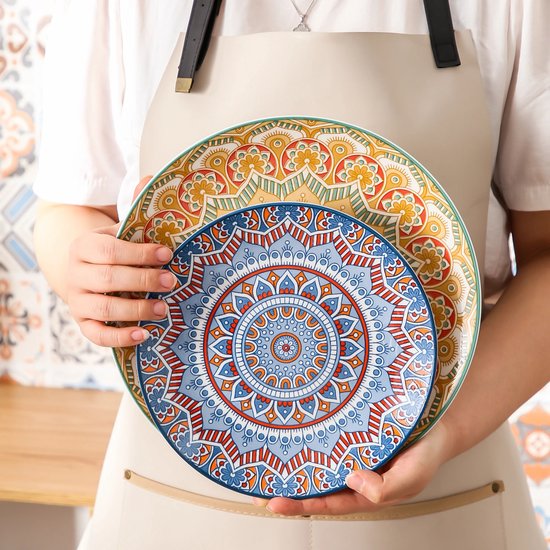 Serviesset 16 Delig - Bohemian Mandala Patroon - Turquoise, Blauw en geel - Porselein Servies Set - Met Diner bord, Dessert bord, kom en Mok -