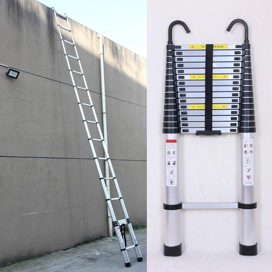Uitschuifbare ladder 6.2 m – Telescopische vouwladder – Aluminium constructie – Antislip poten – Vergrendelbare treden – Inklapbaar ontwerp – Draagbaar – 150 kg draagvermogen – Met afneembare haken