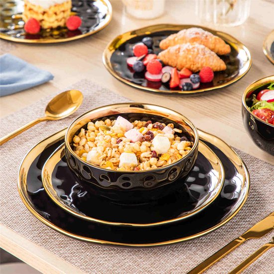 Serviesset - 4 Persoons Servies - Porselein - Dinerborden - Dessertborden - Ontbijtkommen - 12-delige Set - Zwart - Goud