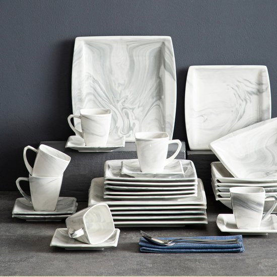 Luxe Serviesset – 30 delig – 6 persoons – Porselein - Bordenset – Dinner platen – Dessertborden - Kommen - Mokken - Schaaltjes - Grijs