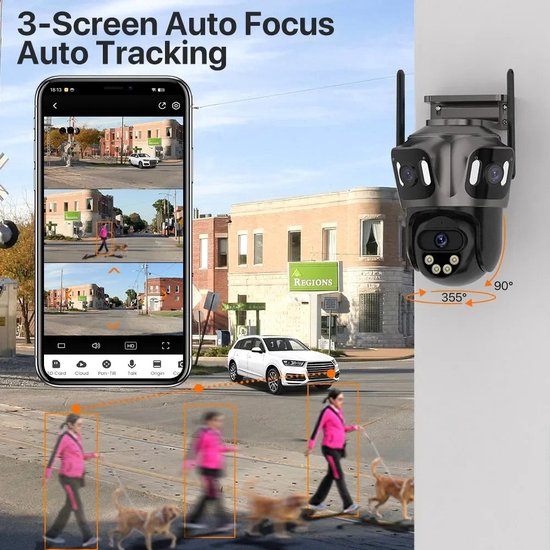 Beveiligingscamera Buiten - Buiten Camera met Nachtzicht - Drie Lens Design - 360° Auto Tracking - Inclusief 64GB SD - Zwart