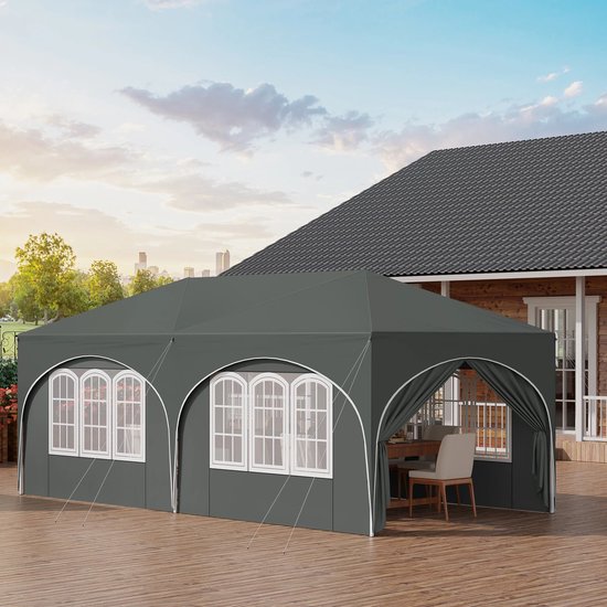 Partytent - Paviljoen - Opvouwbare Luifel - Tuin tent - Waterdicht - Uv Bescherming - met Draagtas - Prieel - Zijpanelen - 6x3m - Grijs