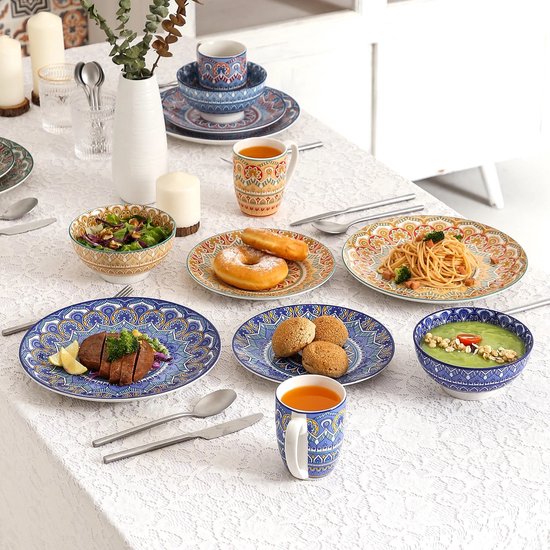 Serviesset 16 Delig - Bohemian Mandala Patroon - Turquoise, Blauw en geel - Porselein Servies Set - Met Diner bord, Dessert bord, kom en Mok -