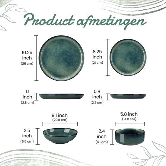 Luxe Serviesset – 24 delig – 6 persoons – Porselein - Bordenset – Dinner platen – Dessertborden - Kommen - Pastabord - Groen - Deluxe