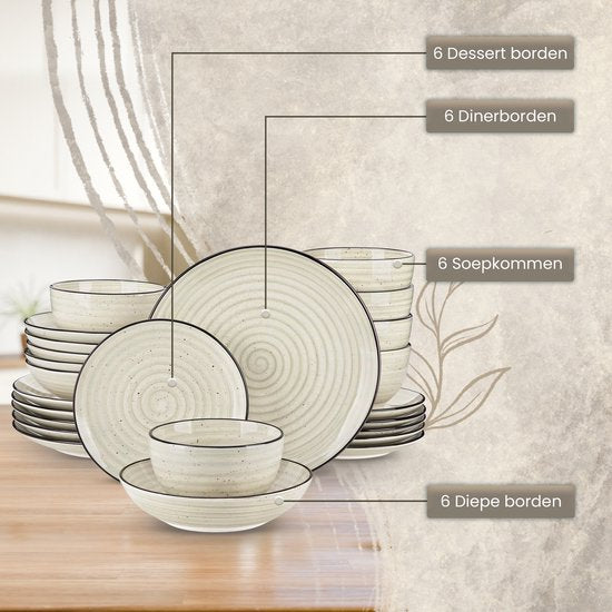 Luxe Serviesset – 24 delig – 6 persoons – Keramisch - Bordenset – Dinner platen – Dessertborden - Kommen - Pastabord - Beige