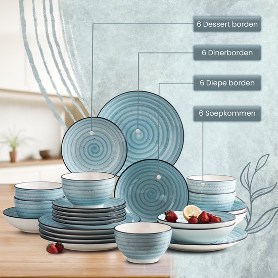 Luxe Serviesset – 24 delig – 6 persoons – Porselein - Bordenset – Dinner platen – Dessertborden - Kommen - Mokken - Schaaltjes - Blauw