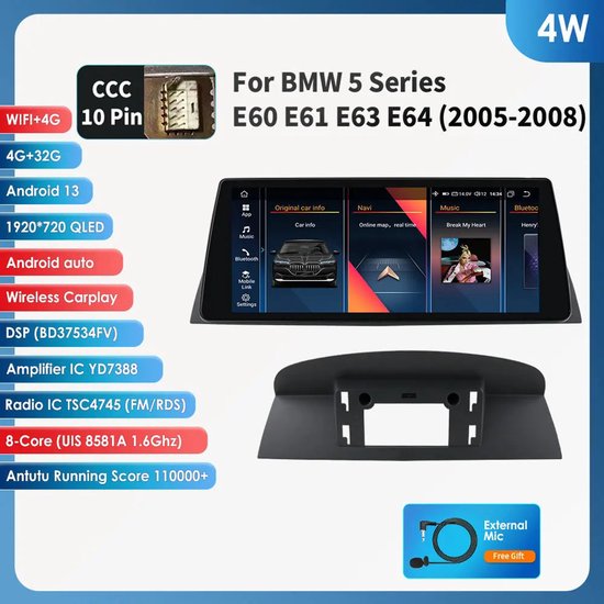 Android Autoradio – Multimedia Speler – Navigatie Systeem – Touchscreen Radio – CarPlay Android Auto – 10,25 Inch Groot Scherm – 4G Wifi Verbinding – Voor BMW 5 Serie E60 E61 CCC CIC 2005-2010