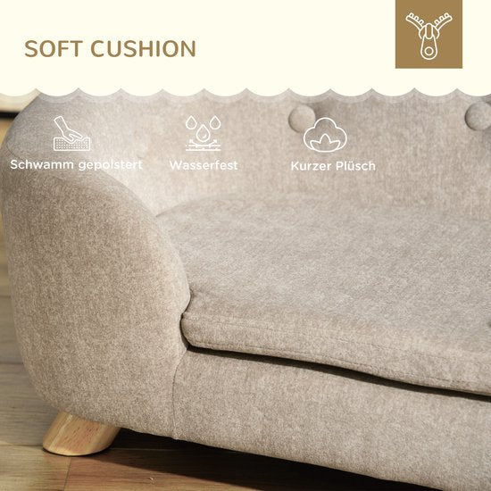 Hondenmand – Huisdier Sofa – Dierenbed – Hondenkussen – Kattenmand – Crème Kleur – Pluche Kussen – Stevig Dennenhouten Frame – 70x47x30 cm