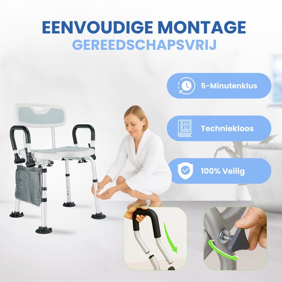 Seniove® Douchestoel Met Afneembare Armleuning - XXL Antislip - In Hoogte Verstelbaar - Incl. Zeepzakje & Kophouder