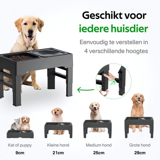 Pawsomepets Verhoogde Anti Schrokbak Hond - Anti Knoei Drinkbak - 4 Hoogtes Verstelbaar – Hondenvoerbak met Standaard - Slow Feeder - Zwart
