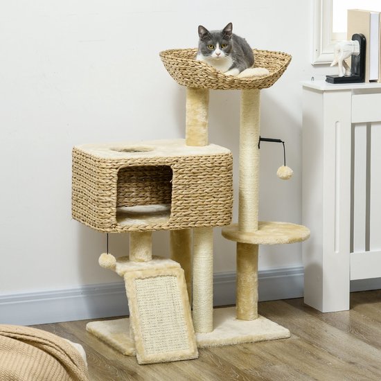 Krabpaal – Kattenkrabpaal – Kattenboom – Krabmeubel – Kattenhuis – Sisal Touw – Compact 60x40x98 cm – Inclusief Kattenhol en Ligbed