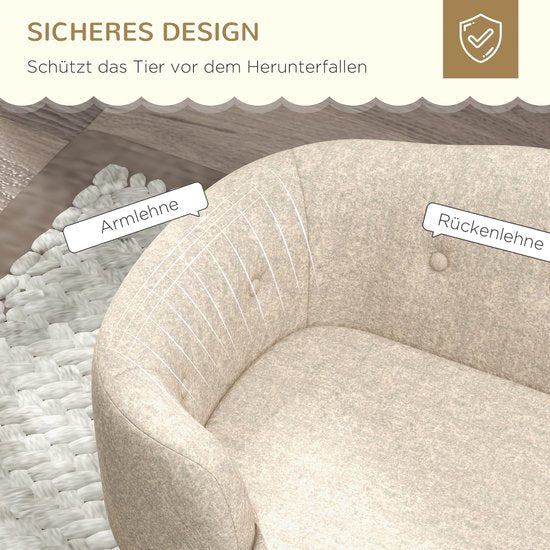 Hondenmand – Huisdier Sofa – Dierenbed – Hondenkussen – Kattenmand – Crème Kleur – Pluche Kussen – Stevig Dennenhouten Frame – 70x47x30 cm