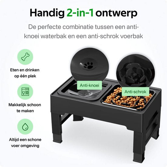 Pawsomepets Verhoogde Anti Schrokbak Hond - Anti Knoei Drinkbak - 4 Hoogtes Verstelbaar – Hondenvoerbak met Standaard - Slow Feeder - Zwart