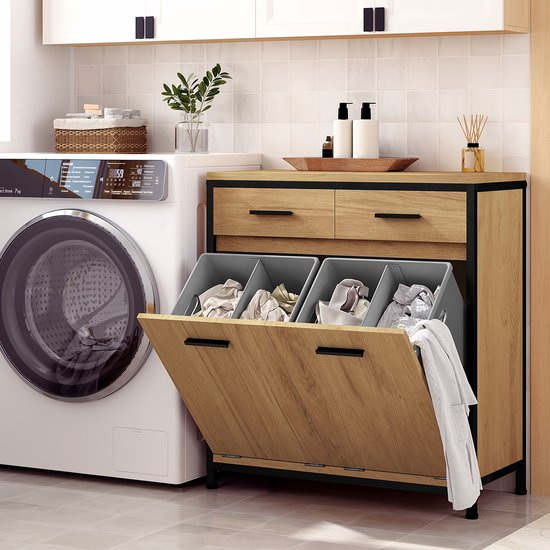 Wasmand Kast 4 Vakken – Wassorteerder met 2 Waszakken & 2 Lades – Licht Eiken