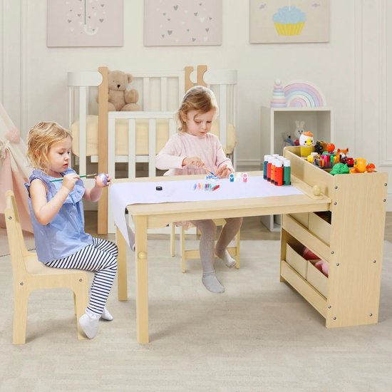 Kindertafel - Met Stoelen en Opbergplanken - Papierrolhouder - Minimalistisch Modern - Houten Ambachtelijke Tafel